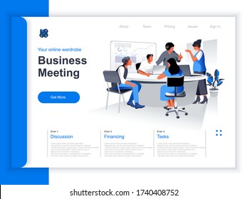 Business meeting isometric landing page. Team of colleagues discussing project in conference room situation. Productive corporate teamwork, data analyzing and strategy planning perspective flat design