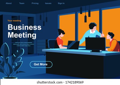Business meeting isometric landing page. Team of colleagues discussing project in office website template. Corporate teamwork, data analyzing and strategy planning perspective flat vector illustration