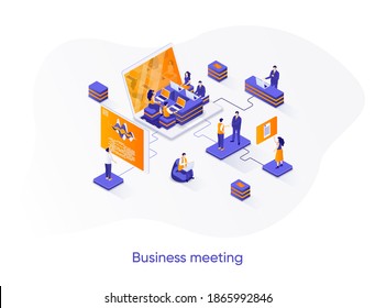 Business meeting isometric web banner. Teamwork collaboration on project isometry concept. Business team synergy 3d scene, partners meeting flat design. Vector illustration with people characters.