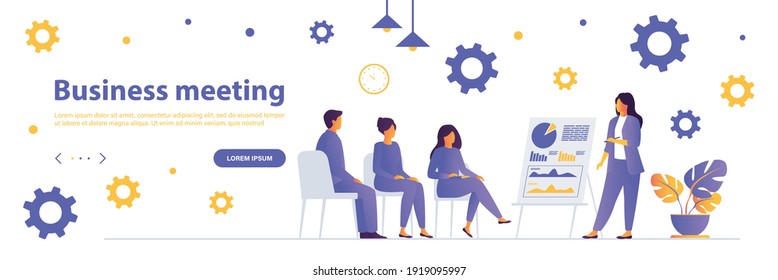 Business meeting landing page with people characters. Business team conference web banner. Collaboration and partnership vector illustration. Flat concept great for social media promotional materials.