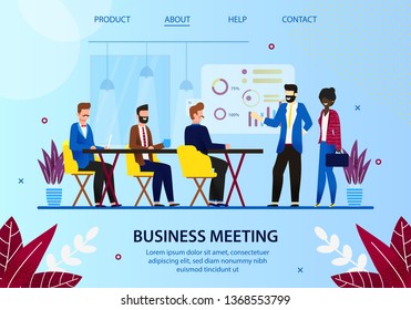 Business Meeting. Leader of Company with Woman Assistant Stand at Board with Graphs and Charts, People Employees Sitting at Desk Listening Speech. Cartoon Flat Vector Illustration. Horizontal Banner