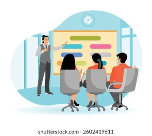 Business meeting. leader standing in front of whiteboard explaining company performance. Office worker concept. Flat vector modern illustration