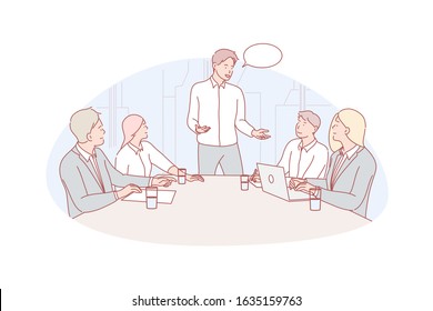 Business meeting, leeadership, coworking concept. Business people have meeting in office. Group of men and women do coworking or teamwork. Leader or manager of team conducts briefing to colleagues.