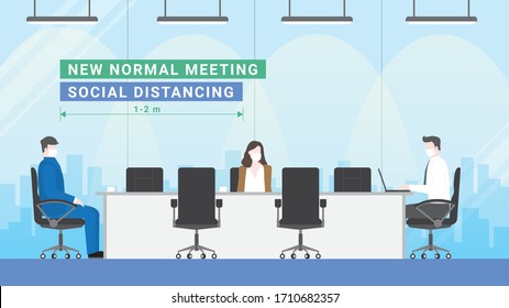 Business Meeting Lifestyle After Pandemic Covid-19 Corona Virus. New Normal Is Social Distancing And Wearing Mask. People Keeping Distance In Office Conference Room. Flat Design Style Vector Concept.