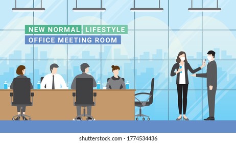 Business meeting lifestyle after pandemic covid-19 corona virus. New normal is Social distancing, Wearing mask, Temperature checkpoint and Hand sanitizing. Flat design style vector concept.