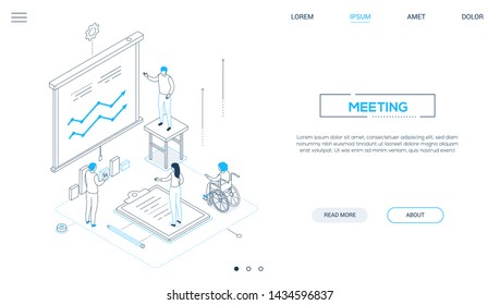 Business Meeting - Line Design Style Isometric Web Banner On White Background With Copy Space For Text. A Header With Male Advisor, Consultant Showing Diagrams On Whiteboard, Colleagues Making Notes