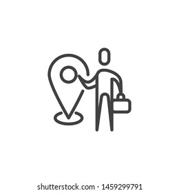 Business meeting location line icon. linear style sign for mobile concept and web design. Man with briefcase and map marker outline vector icon. Symbol, logo illustration. Vector graphics