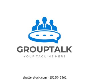 Business meeting logo design. Group of people at the table in the form of a speech bubble vector design. Business discussion logotype