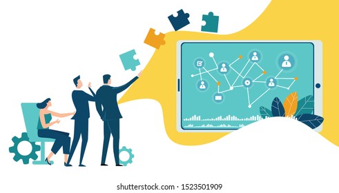 Business meeting and making agreements. Business people in office surrounded by communication icons.  Global business, logistics, developing and support concept illustration