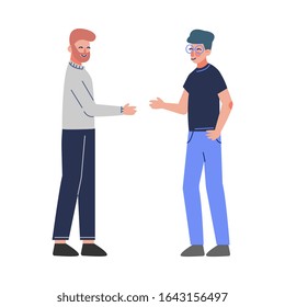 Business Meeting, Male Characters Handshaking and Communicating Flat Vector Illustration