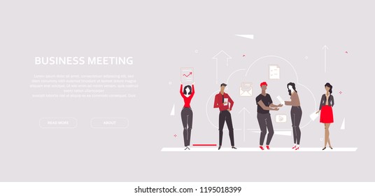 Business meeting - modern flat design style colorful banner on gray background with copy space for text. A composition with employees, colleagues, team working in a cloud, sharing ideas, brainstorming