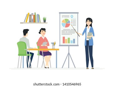 Business Meeting - modern vector cartoon characters illustration. A composition with Chinese office workers sitting at the desk, a young female manager showing diagrams on the whiteboard