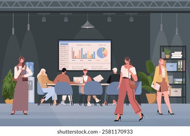 Business Meeting. Multiethnic business team talking at meeting table in office conference room, brainstorming or presentation in co-working space. 