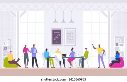 Business meeting, negotiation, brainstorming. Confident and successful team. Group of young modern people discussing business while sitting in the creative office. Vector illustration