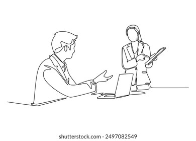 Business meeting, negotiation concept. Single line draw design vector graphic illustration.