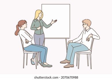 Business meeting and negotiations concept. Group of business partners colleagues having meeting brainstorm discussion or coach presenting lesson vector illustration 