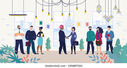Business Meeting For Negotiations With Foreign Partner Or Investor Flat Vector Concept With Businesswoman, Company Female Leader Shaking Hands With Indian Businessman In Dastaar Or Turban Illustration