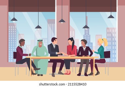 Business meeting for negotiations with foreign partner or investor. People communicating in conference room, brainstorming and teambuilding. Colleagues discuss business strategy, plan of development