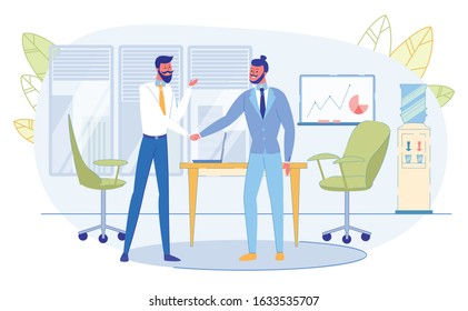 Business Meeting in Office. Businesspeople Characters Shaking Hands in Front of Board with Graphs and Charts. Leaders of Companies Friendly Conversation, Collaboration Cartoon Flat Vector Illustration
