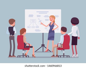 Business meeting in office. Gathering of managers to think of marketing ideas, goals, company partners getting financial report, mutual discussion and training. Vector flat style cartoon illustration