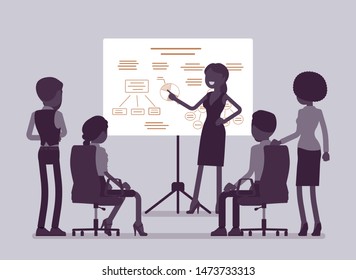 Business meeting in office. Gathering of managers to think of marketing ideas, goal, company partners getting financial report, mutual discussion and training. Vector illustration, faceless characters