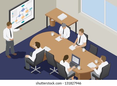 Business Meeting In An Office. Isometric Vector Illustration Of A Business Presentation Meeting In An Office Around A Table.
