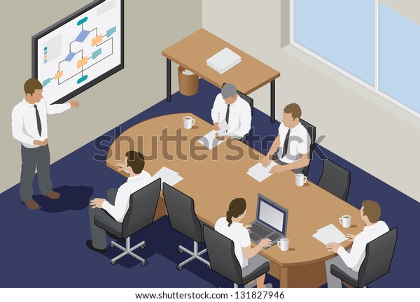 Business meeting in an office. Isometric vector\
illustration of a business presentation meeting in an office around\
a table.