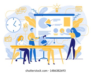 Business Meeting in Office. Leader of Company Stand at Clip Board with Graphs and Charts, People Employees Sitting at Desk Listening Speech of Development Strategy. Cartoon Flat Vector Illustration.