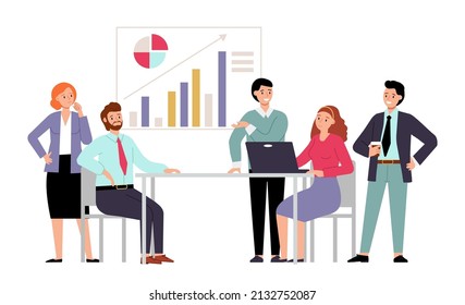 Business meeting in office. Meet boss, corporate team look presentation. Cartoon businessman on conference, group decent discuss vector scene