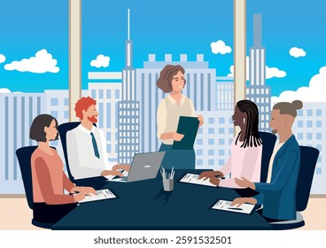 Business meeting in office. Business men and women hold conference, study, conduct seminar, conference and discuss profit. Vector illustration in flat style.