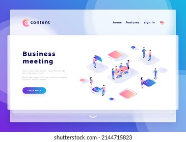 Business meeting office people and interact with computers. Landing page template. 3d isometric vector illustration.