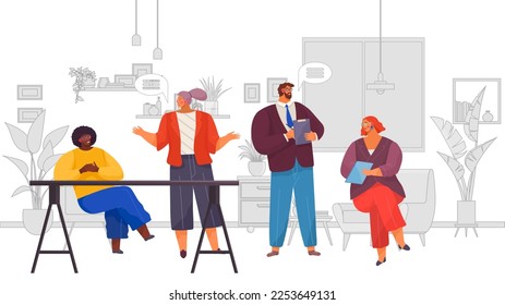 Business meeting in office. People on presentation corporate conference discuss project. Businessman at project strategy appointment. Team seminar. Manager presents financial report of company