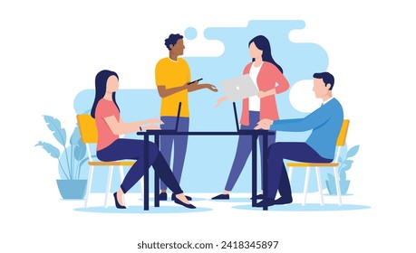 Reunión de negocios - Gente de oficina sentada y parada en el escritorio con computadoras portátiles, hablando y discutiendo el proyecto de la compañía como un equipo. Ilustración vectorial de diseño plano con fondo blanco