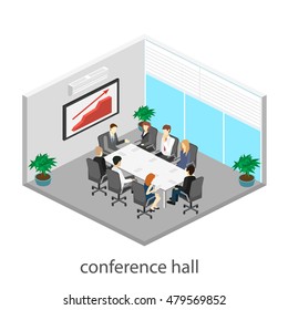 Business Meeting In An Office Business Presentation Meeting In An Office Around A Table. Isometric Flat 3D Interior