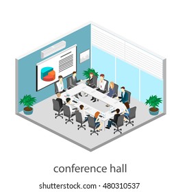 Business Meeting In An Office Business Presentation Meeting In An Office Around A Table. Isometric Flat 3D Interior