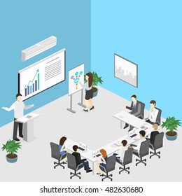 Business Meeting In An Office Business Presentation Meeting In An Office Around A Table. Isometric Flat 3D Interior