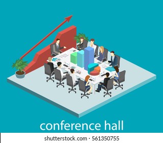 Business meeting in an office Business presentation meeting in an office around a table. Isometric flat 3D interior