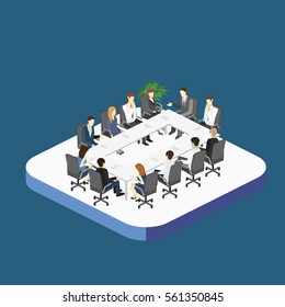 Business Meeting In An Office Business Presentation Meeting In An Office Around A Table. Isometric Flat 3D Interior