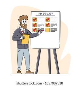 Business Meeting in Office, Presentation Concept. Business Coach Male Character Point on To Do List on Flip Board Explain to Business Colleagues Basics of Time Management. Linear Vector Illustration