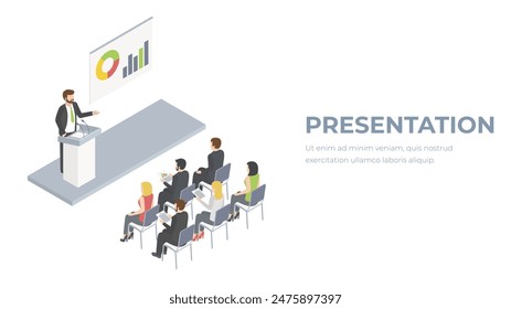 Business meeting in an office. Business presentation meeting in conference hall. People listen to speakers. 3D illustration.