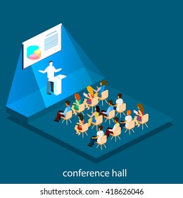 Business meeting in an office Business presentation meeting in conference hall. People listen to speakers. Flat 3D illustration.