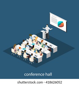 Business meeting in an office Business presentation meeting in conference hall. People listen to speakers. Flat 3D illustration.