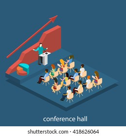 Business meeting in an office Business presentation meeting in conference hall. People listen to speakers. Flat 3D illustration.