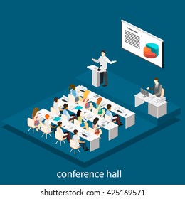 Business meeting in an office Business presentation meeting in conference hall. People listen to speakers. Flat 3D illustration.