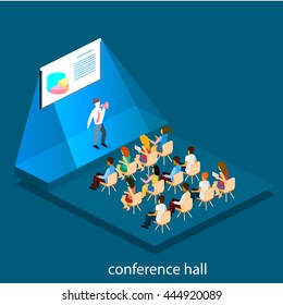 Business meeting in an office Business presentation meeting in conference hall. People listen to speakers. Flat 3D illustration.