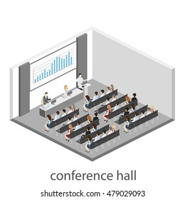 Business meeting in an office Business presentation meeting in conference hall. People listen to speakers. Flat 3D illustration.