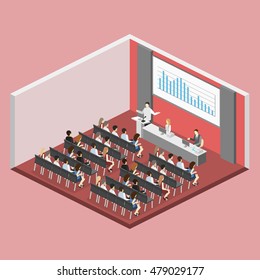 Business meeting in an office Business presentation meeting in conference hall. People listen to speakers. Flat 3D illustration.