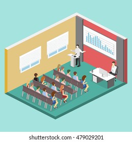 Business meeting in an office Business presentation meeting in conference hall. People listen to speakers. Flat 3D illustration.