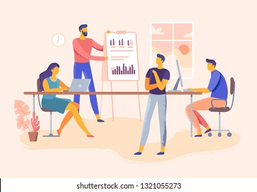 Business meeting. Office team skills presentation, company management and teamwork planning. Executive training or it meeting conference. Business industry vector illustration