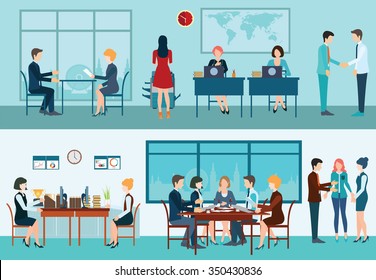 Business meeting, office, teamwork, planning, conference, office desk, brainstorming in flat style, conceptual vector illustration.